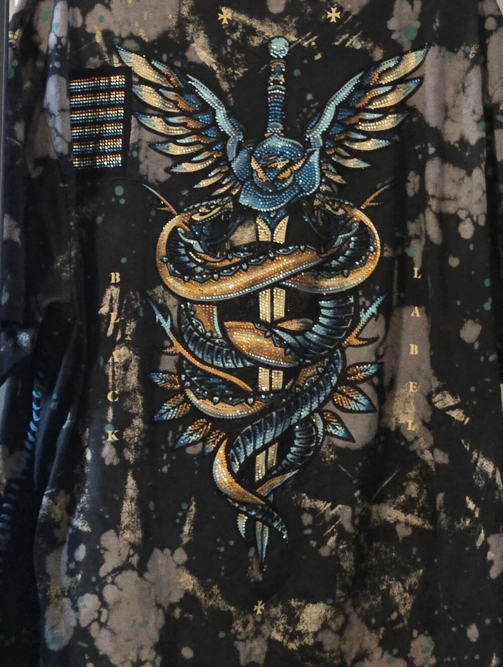 Affliction Black Long Sleeve Tee with Blue & Gold Winged Dagger Graphic
